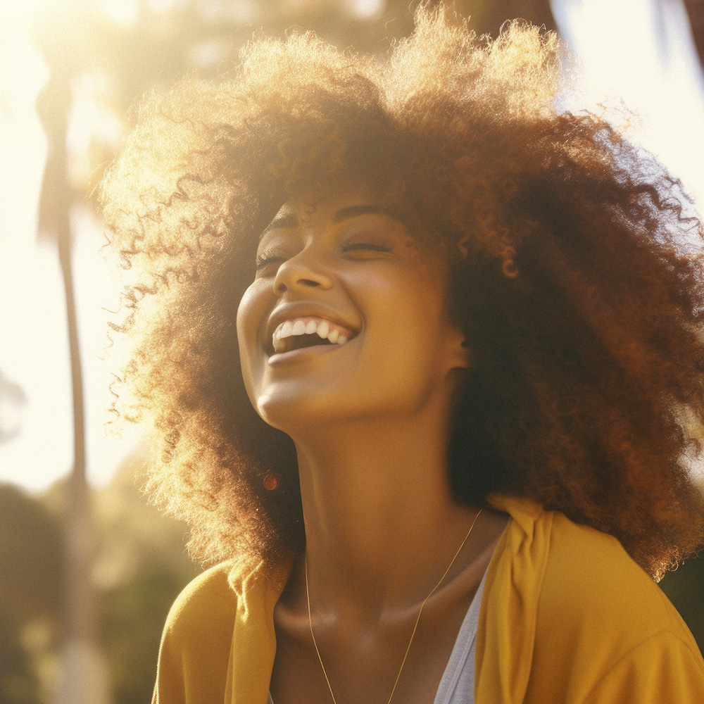 woman laughing at the sun in the park, in the style of afrofuturism-inspired, distinct facial features, youthful energy, softly organic, smilecore, light-focused, uhd image --ar 38:25 --style raw --v 5.2 Job ID: 1173dafe-0340-4f44-b54d-b36e4fba0103